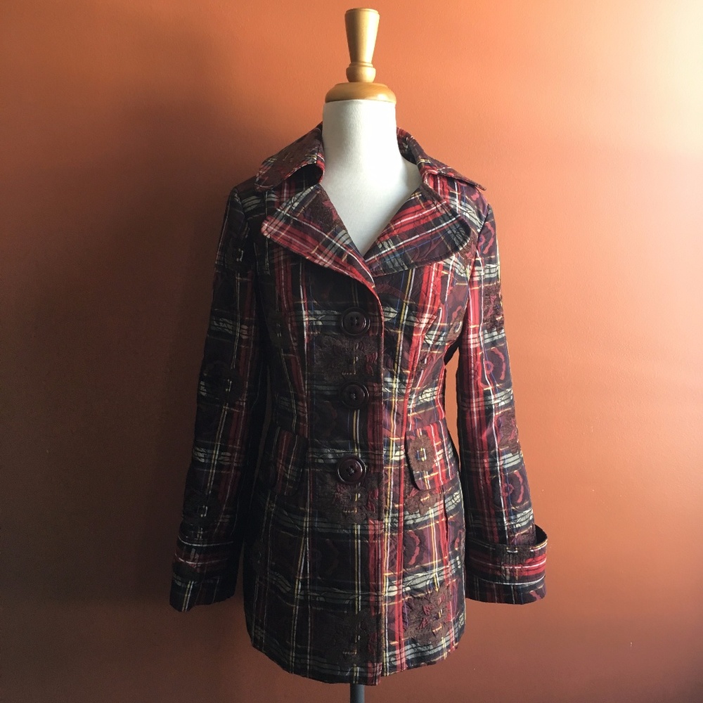 Plaid Red Women's Peacoat Jacket